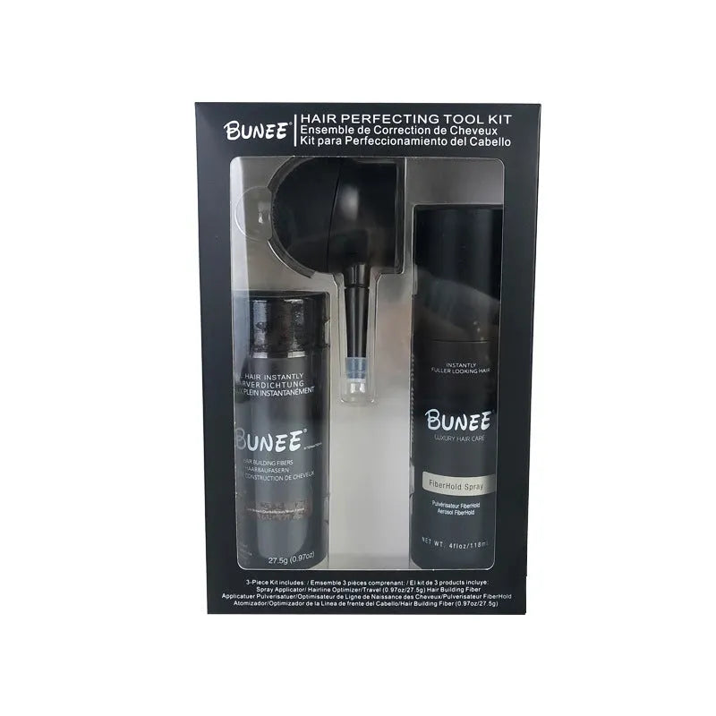 Box set of 275g hair fibre powder, styling spray, and applicator nozzle for thinning hair