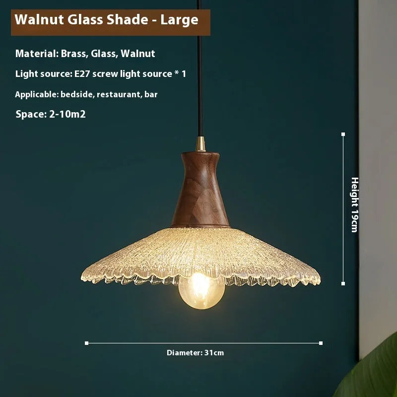 Retro wood and glass ceiling chandelier with brass finish for restaurant lighting