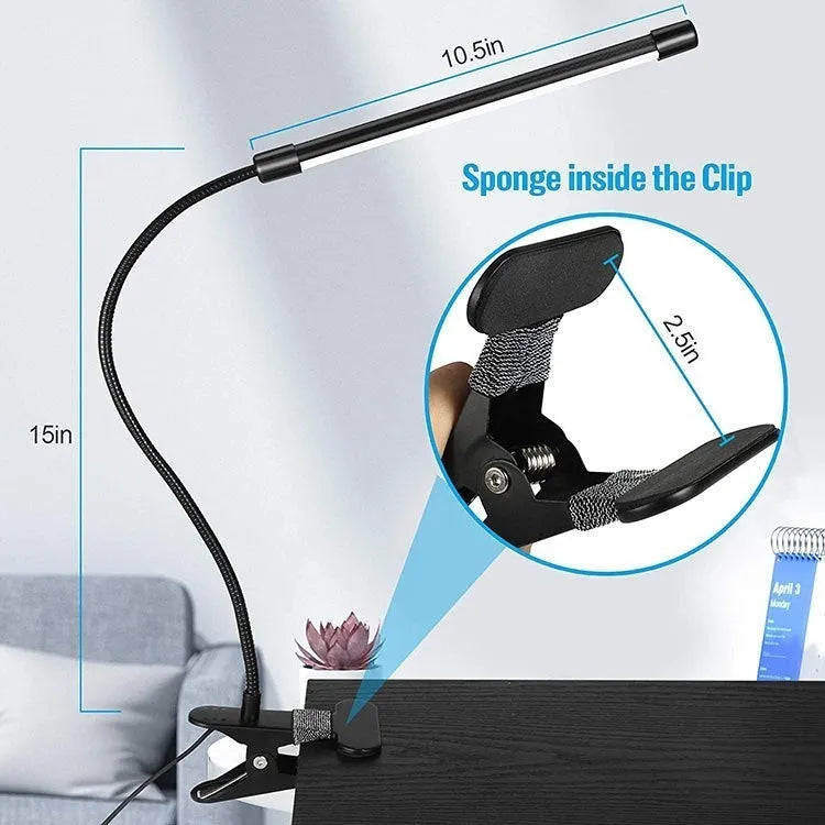 Black and white USB-powered LED desk lamp with 26cm length and eye protection technology