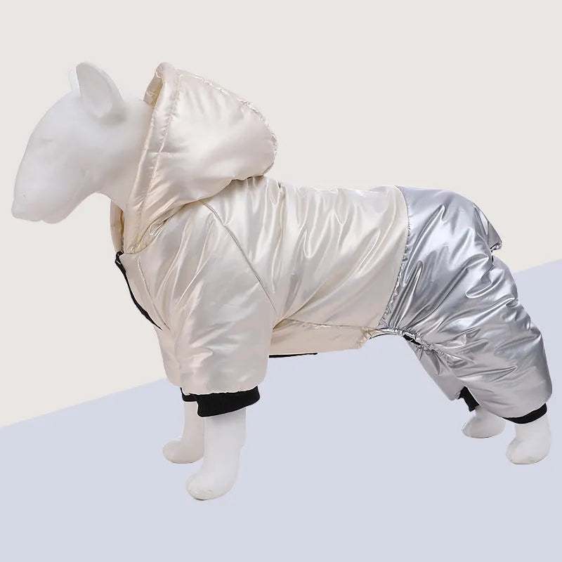 Green four-legged dog cotton coat showing waterproof windproof pet clothing design