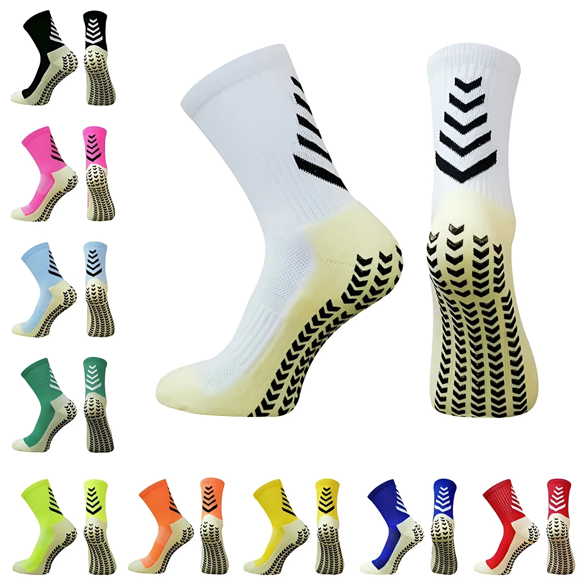 Men's mid-calf athletic socks with geometric patterns and non-slip silicone grips