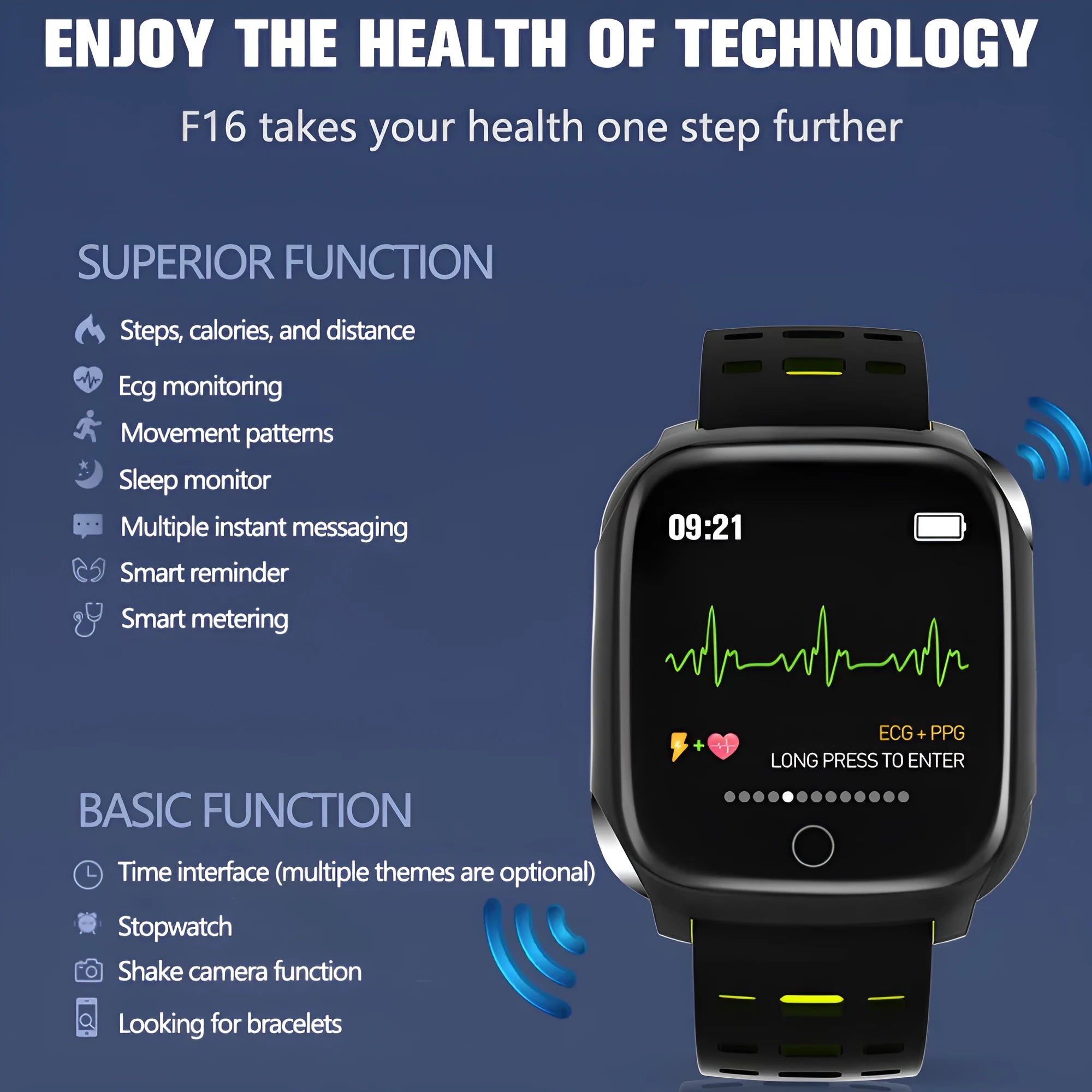F16 Smart Watch with ECG monitor on a black and green silicone wristband, showing the display.