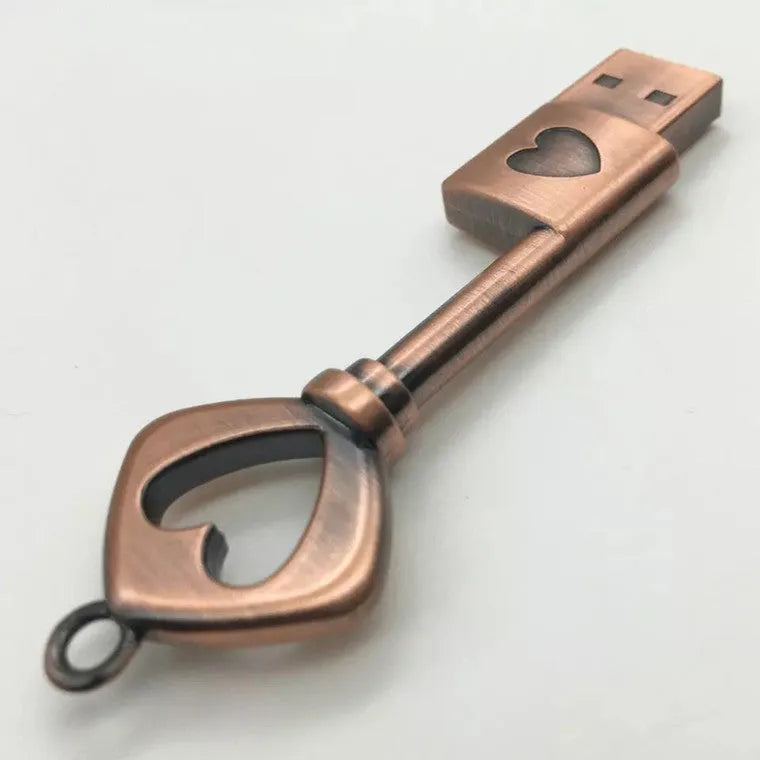 Heart shaped bronze metal USB flash drive pendant with write protection switch on keychain