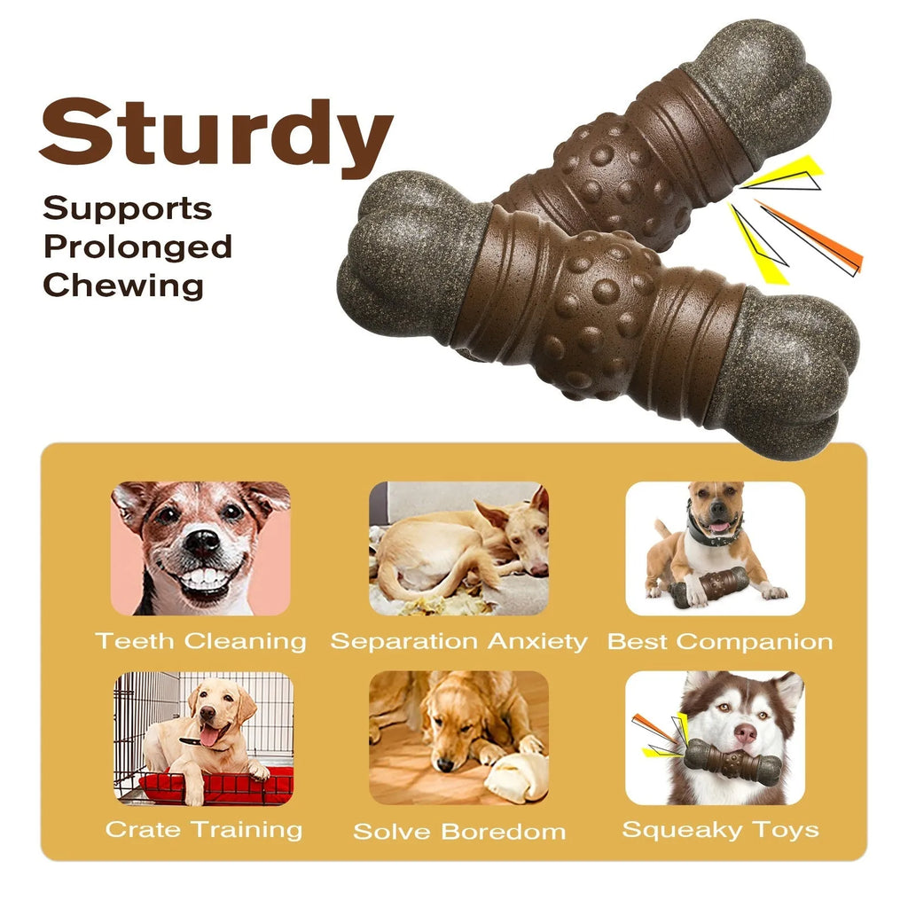 Wood colour plastic bone-shaped dog toy with removable dental cleaning rod inserted.