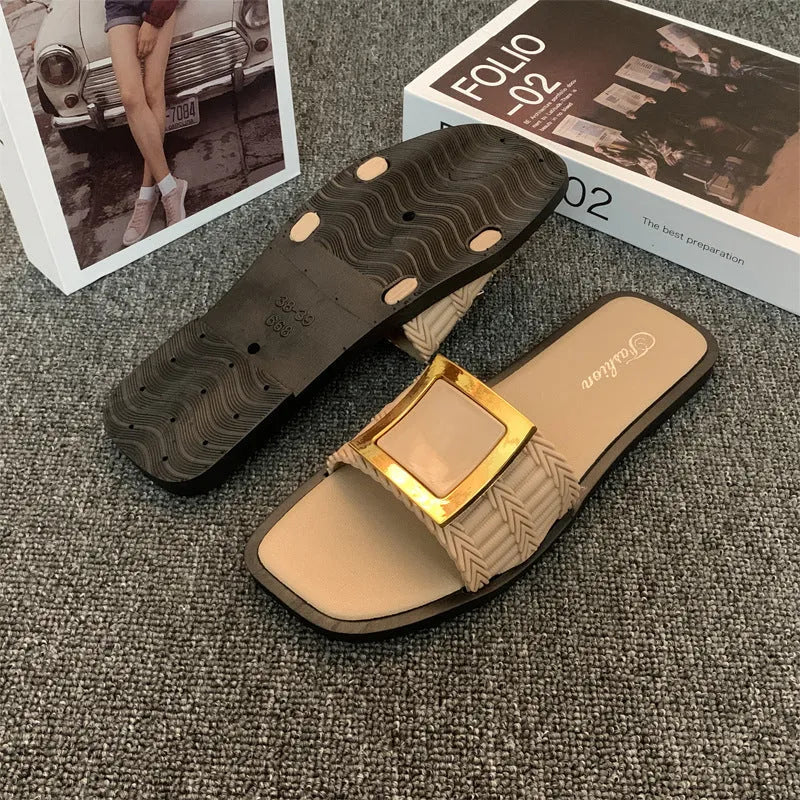 Women's apricot, black, and khaki flat summer slippers with a textured PVC sole.