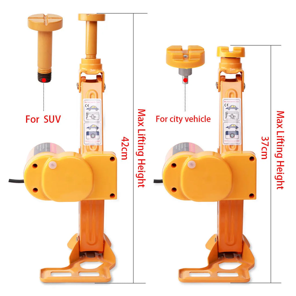Yellow electric car jack and wrench set for vehicle lifting and tyre changes