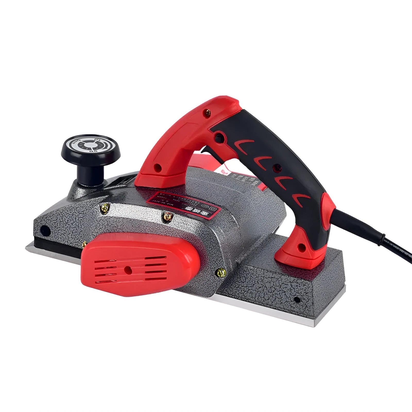Red electric wood planer with aluminium body and 82mm planing width for household carpentry