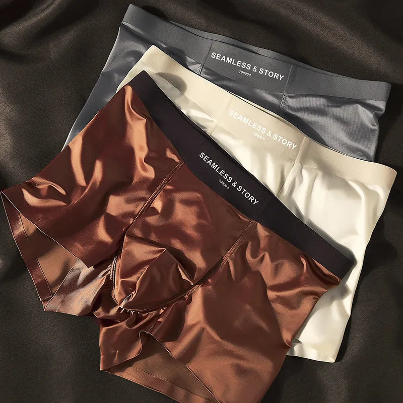Men's ice silk satin underwear in mid waist design showing coffee, light grey and blue colour options