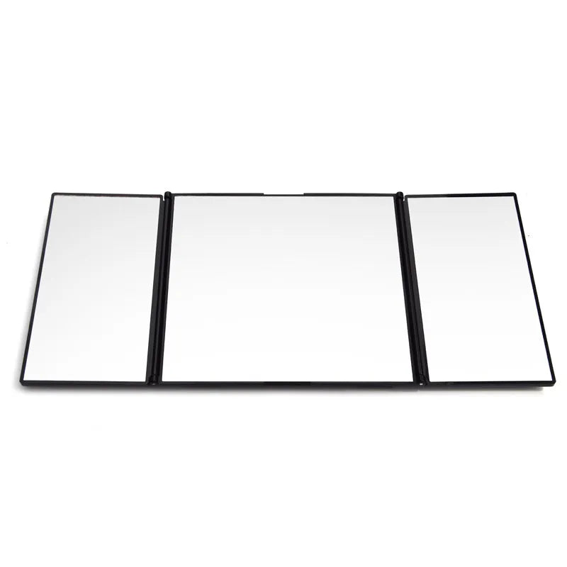 Silver folding car visor grooming mirror shown open and closed, made from ABS and glass.