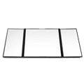 Silver folding car visor grooming mirror shown open and closed, made from ABS and glass.
