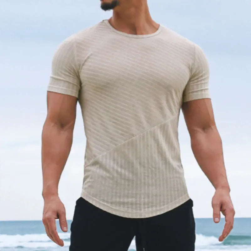 Men's solid white cotton blend loose short sleeves pullover t-shirt on model