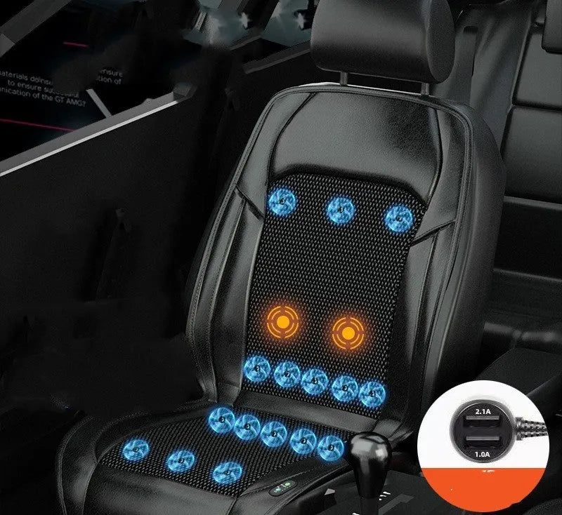 Black ventilated car seat cushion with multiple cooling fans, plugged into a 12V car socket.