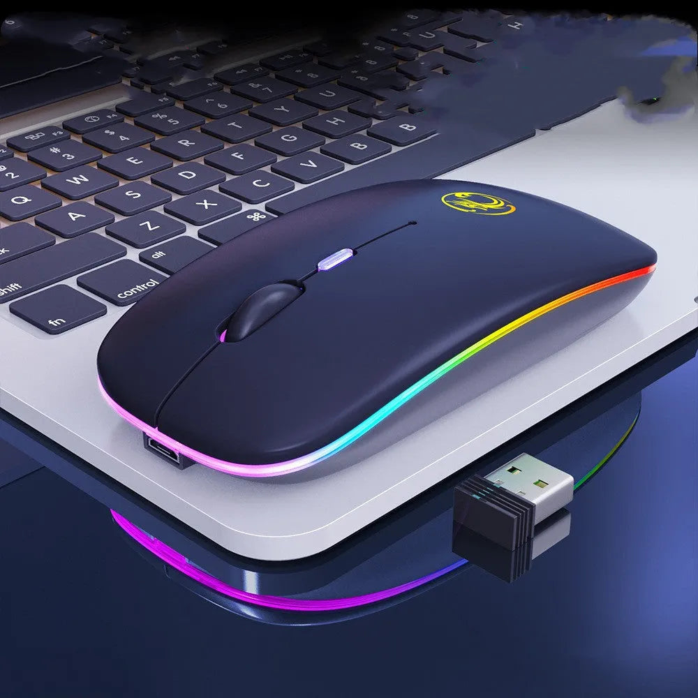 Black and white wireless mouse with luminous scroll wheel showing Bluetooth and silent button features