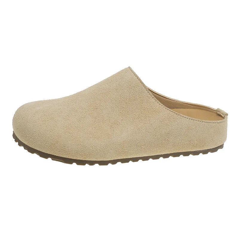 Soft flat slip-on slippers in apricot colour with square toe and microfibre upper.