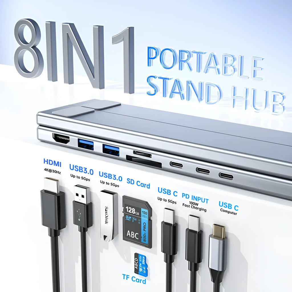 Aluminium alloy laptop docking station stand with 8-in-1 hub ports and folding design