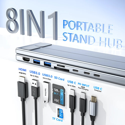 Aluminium alloy laptop docking station stand with 8-in-1 hub ports and folding design
