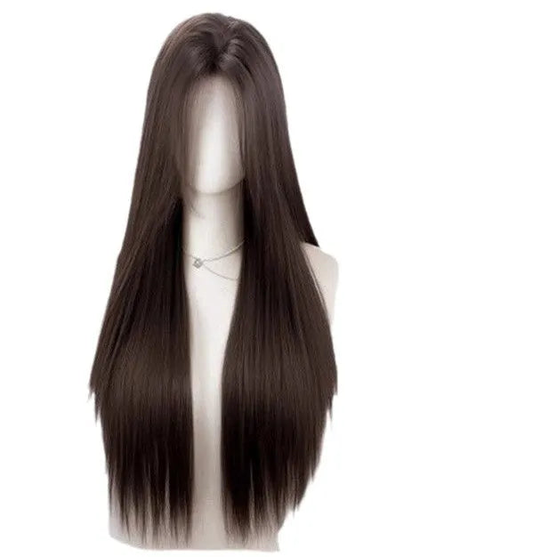 Forehead lace synthetic wig with straight mid-length hair and styling accessories