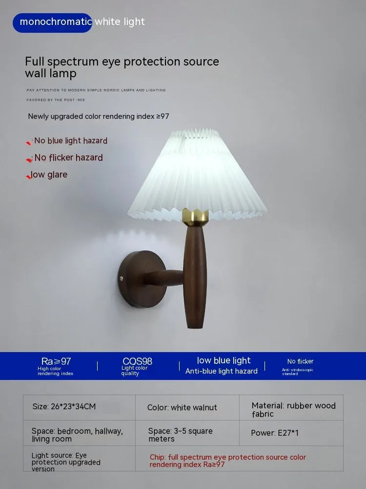 American retro style wall lamp with fabric shade and wooden frame in bedside setting
