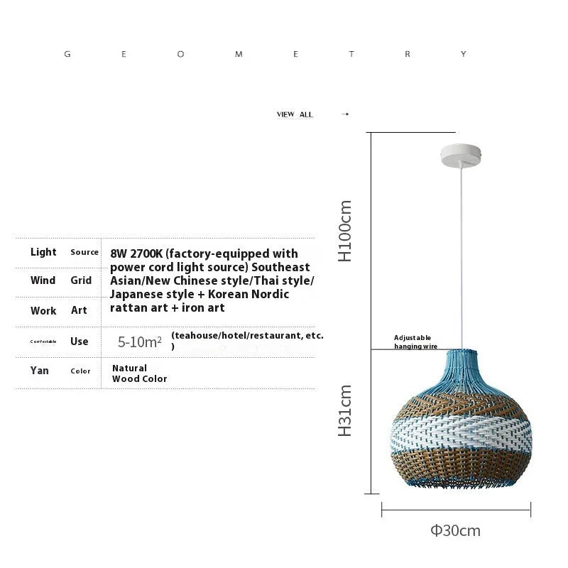 Vine woven rattan pendant ceiling lamp with natural materials in pastoral Southeast Asian style