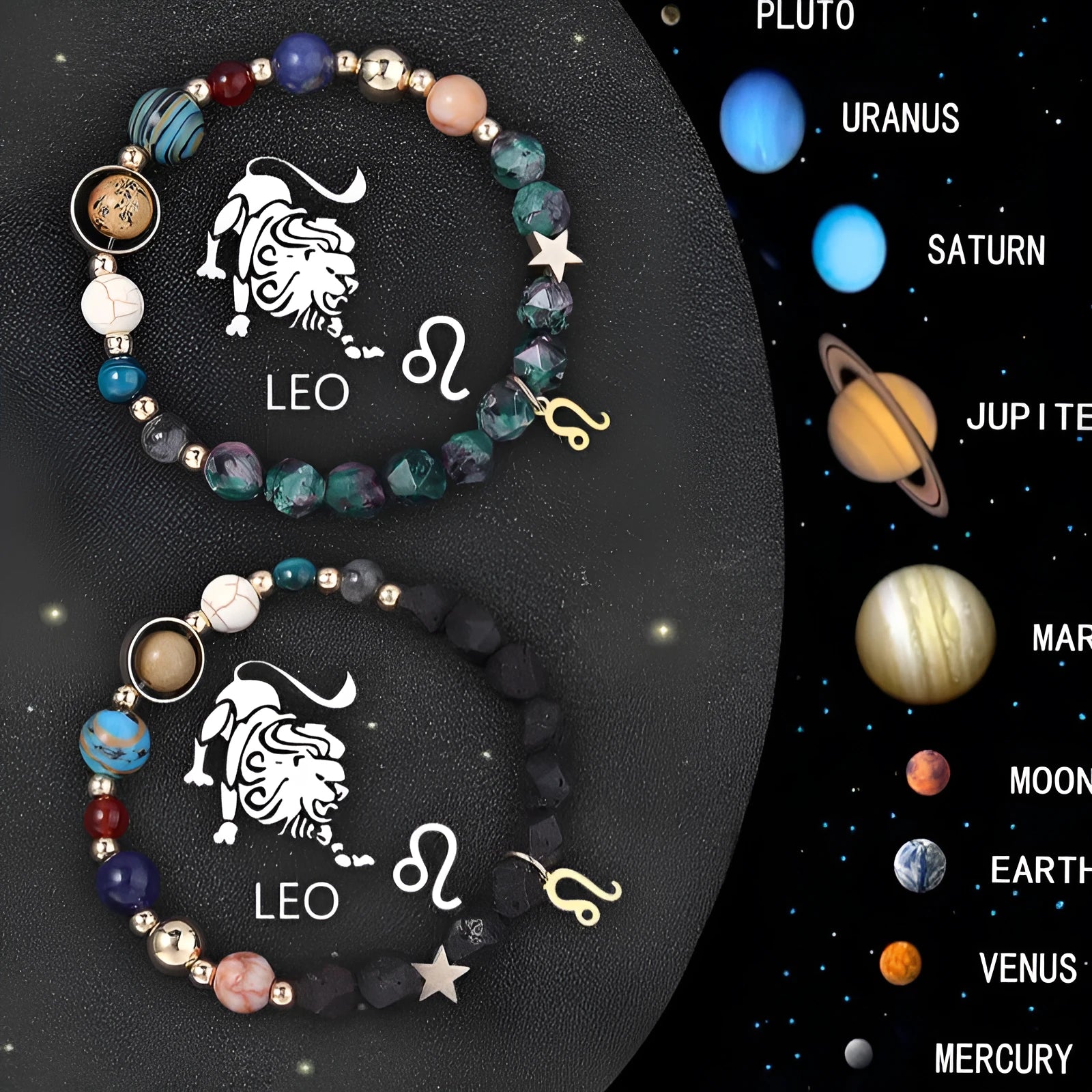 Set of two natural stone beaded bracelets showing zodiac sign designs on a cord.