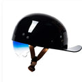 Retro half helmet for electric bicycles in bright black with gradient blue lens visor