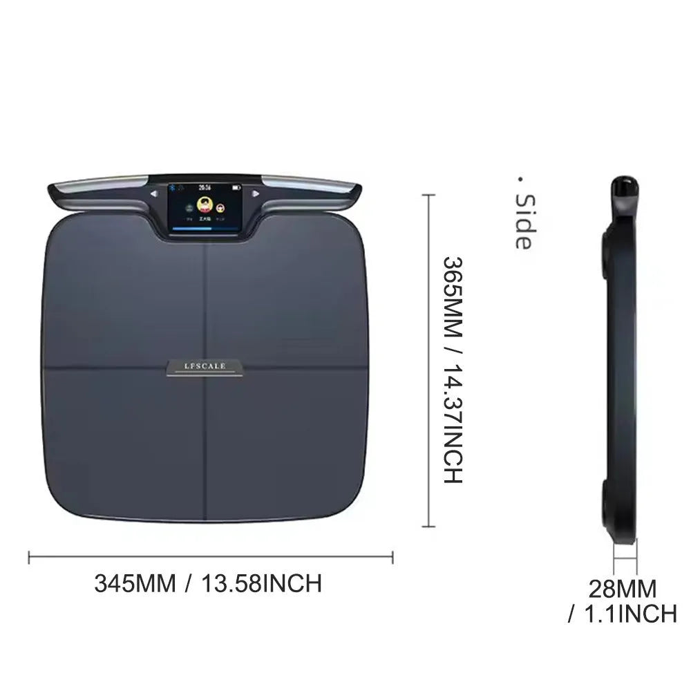Black eight-electrode body fat scale on floor measuring 45x45cm