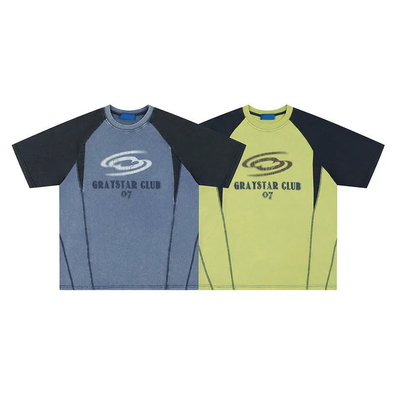 Men's blue hip hop letter print cotton T-shirt with raglan sleeves in loose fit
