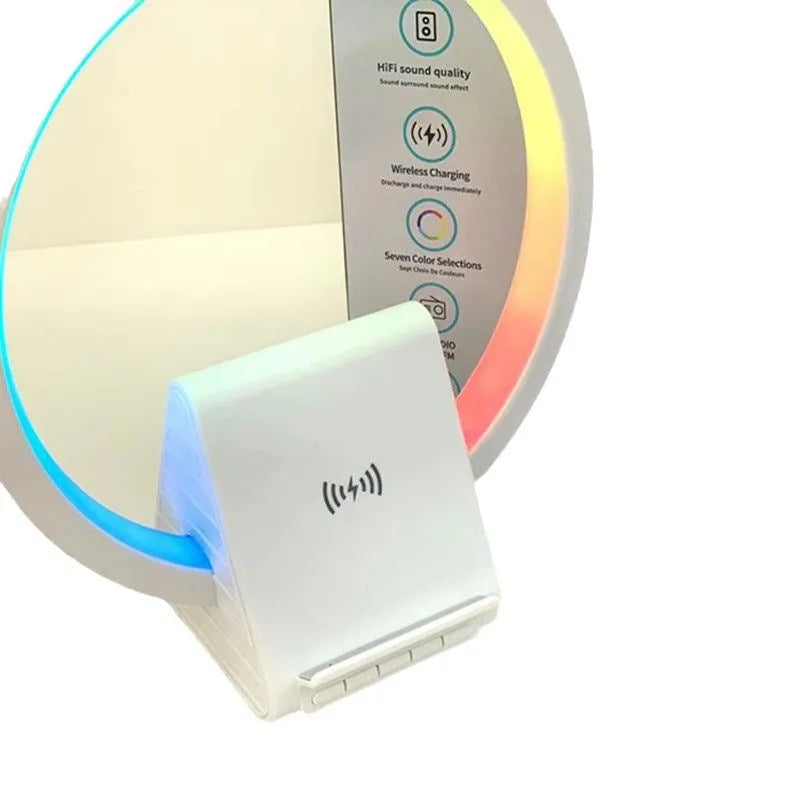 White circular smart Bluetooth speaker with wireless charging pad and ambient light, 225mm diameter
