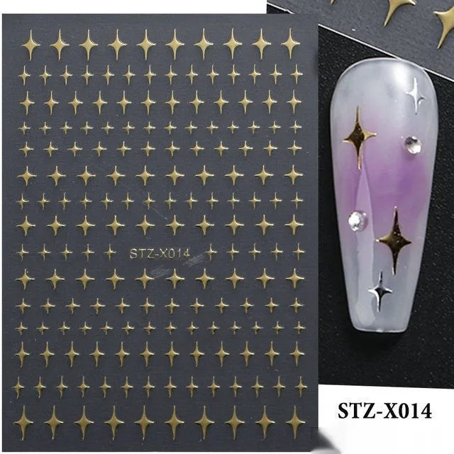 Close-up of a cartoon-style nail sticker with black and silver strips and a love pattern design on a fingernail.