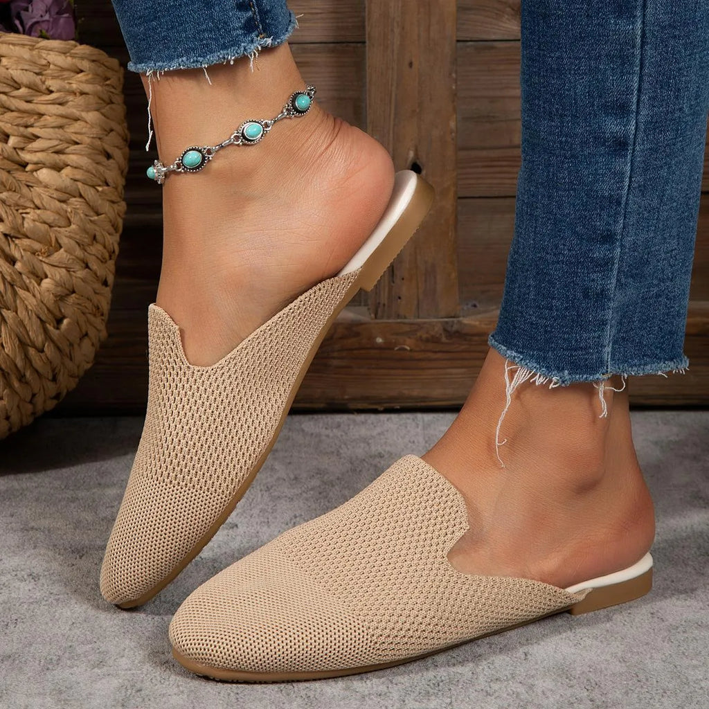 Apricot, blue, and green cloth mesh slip-on sandals with flat rubber soles