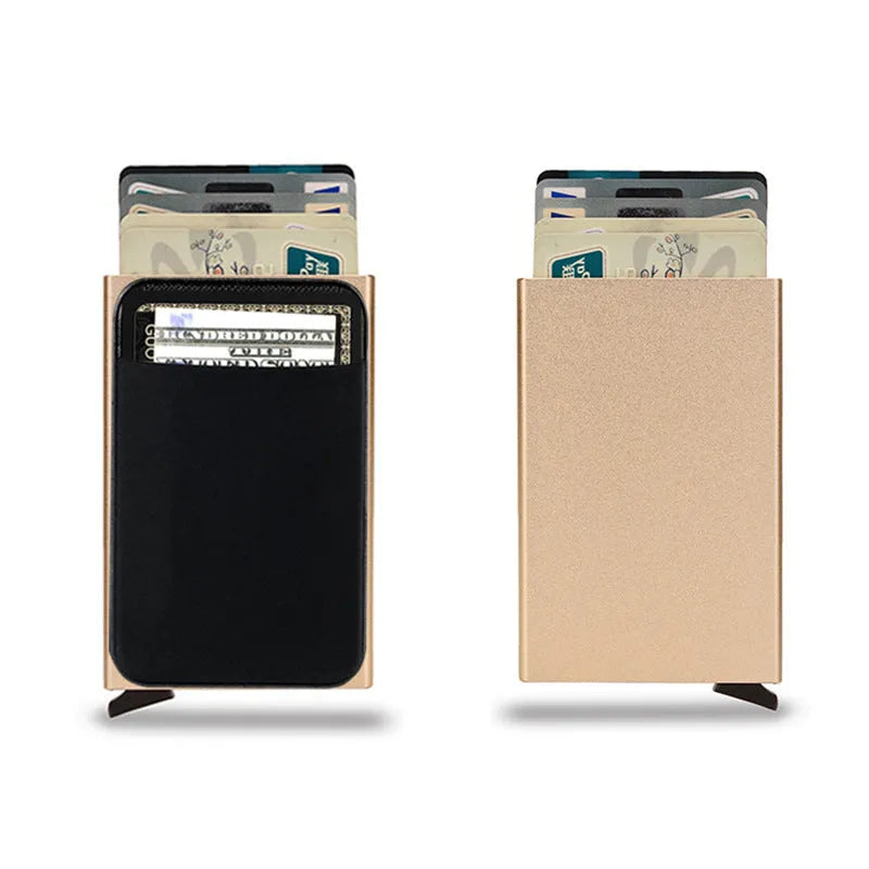 Metal credit card holder with RFID blocking in frosted aluminium alloy showing colour options