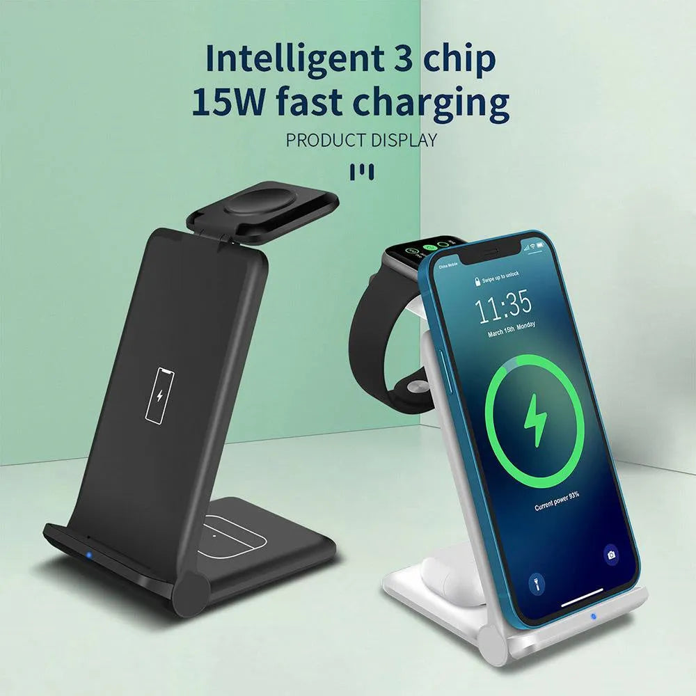 White 3-in-1 wireless charging station with iPhone, Apple Watch and AirPods charging simultaneously