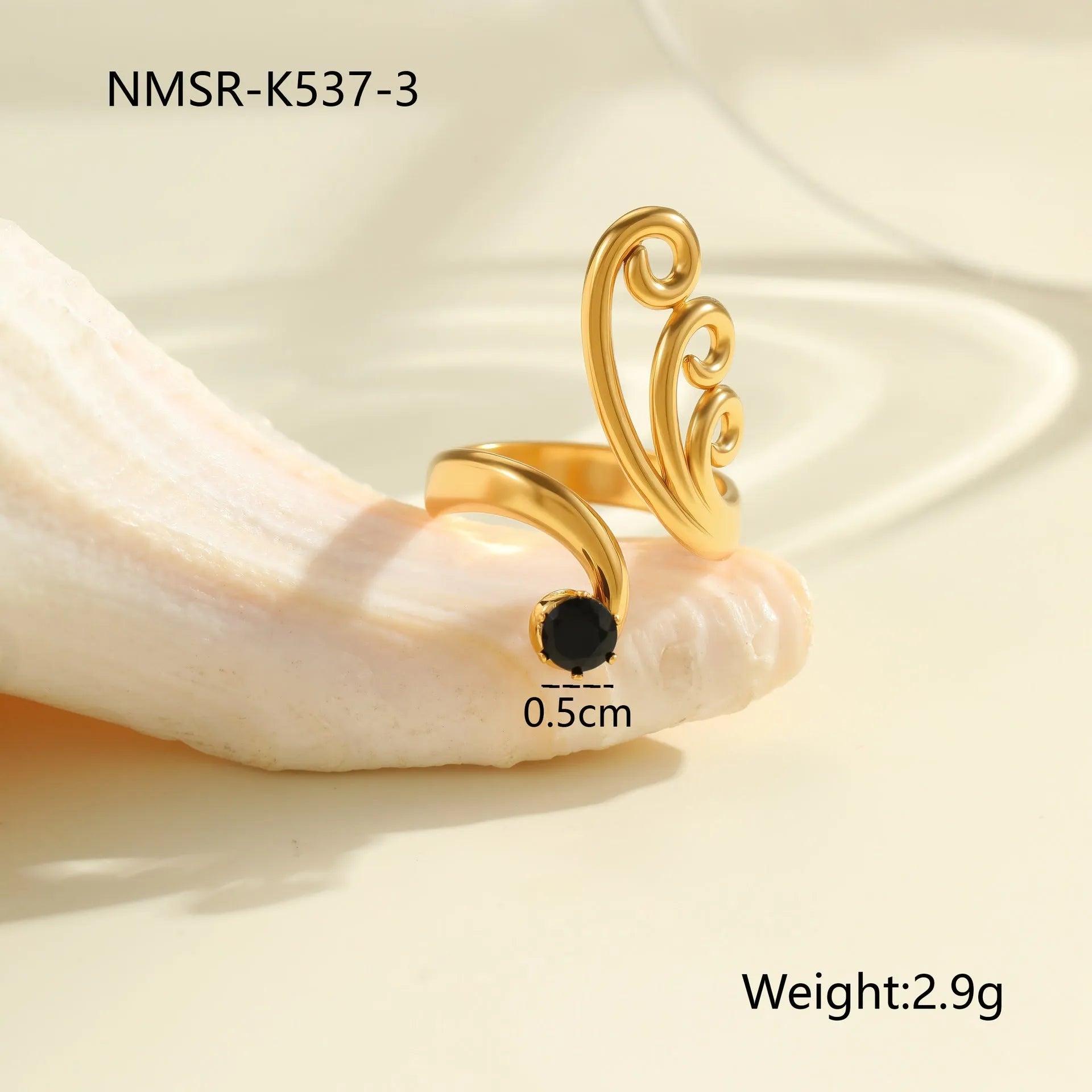 Geometric open mouth adjustable ring with inlaid zircon detailing on electroplated stainless steel