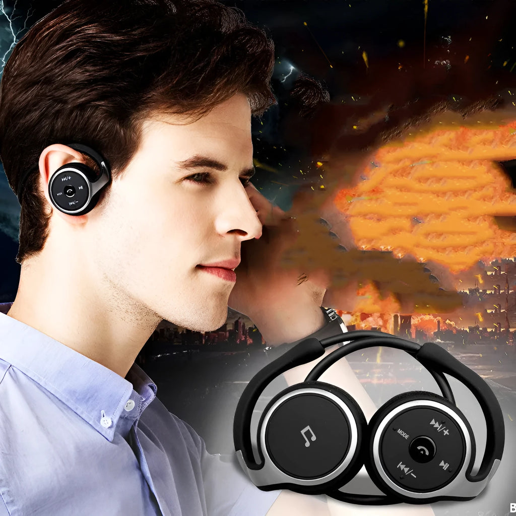 Stereo wireless Bluetooth headset in black with ear hooks and inline microphone