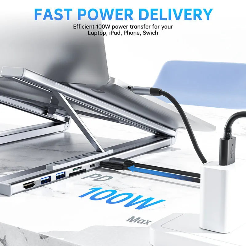 Aluminium alloy laptop docking station stand with 8-in-1 hub ports and folding design
