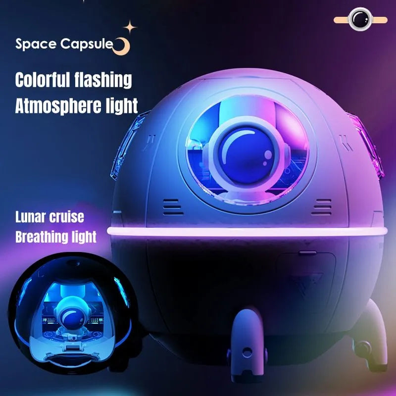 Purple astronaut-shaped USB portable humidifier with LED light on desk