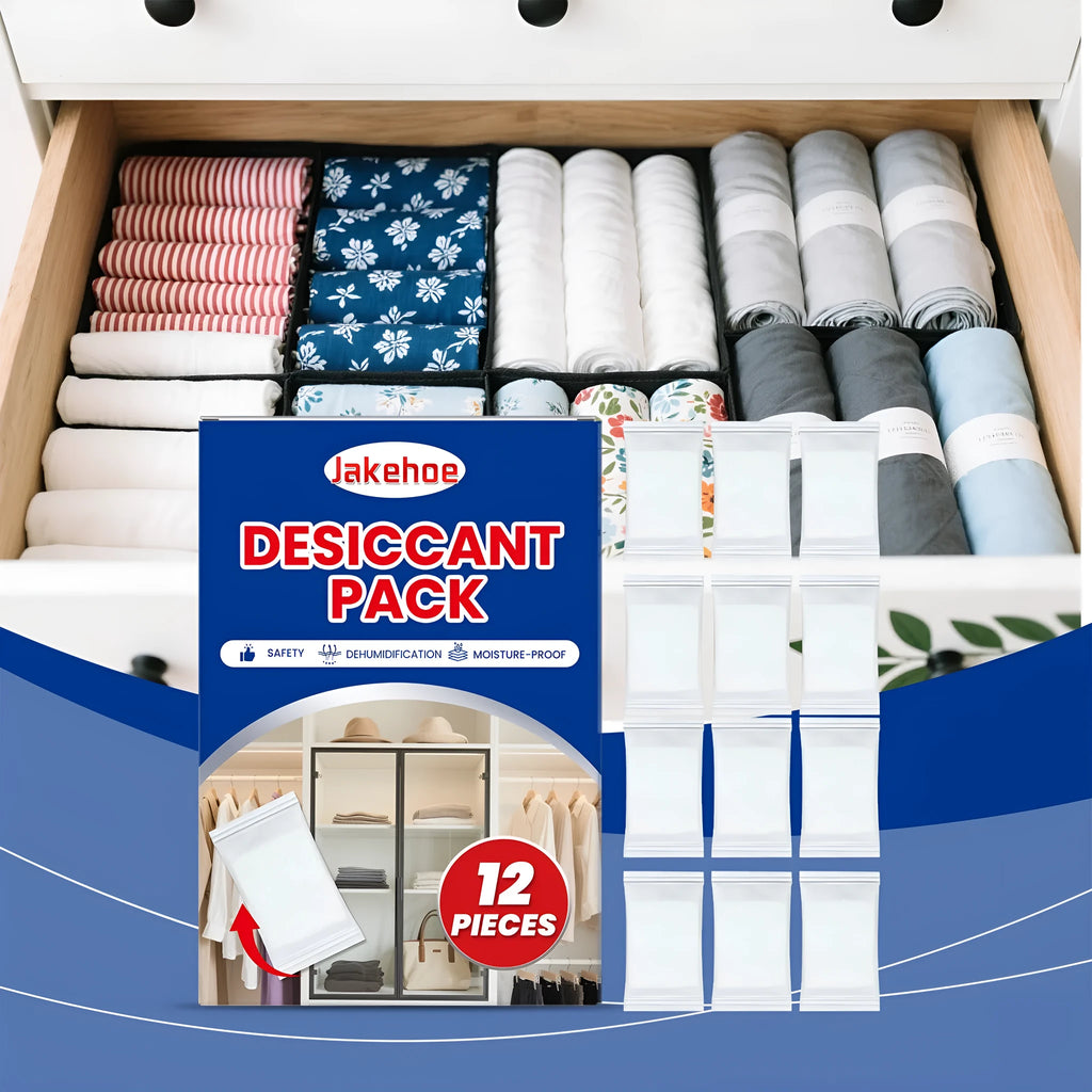 Pack of 12 anti-odor desiccants for household moisture control containing calcium chloride and wood pulp