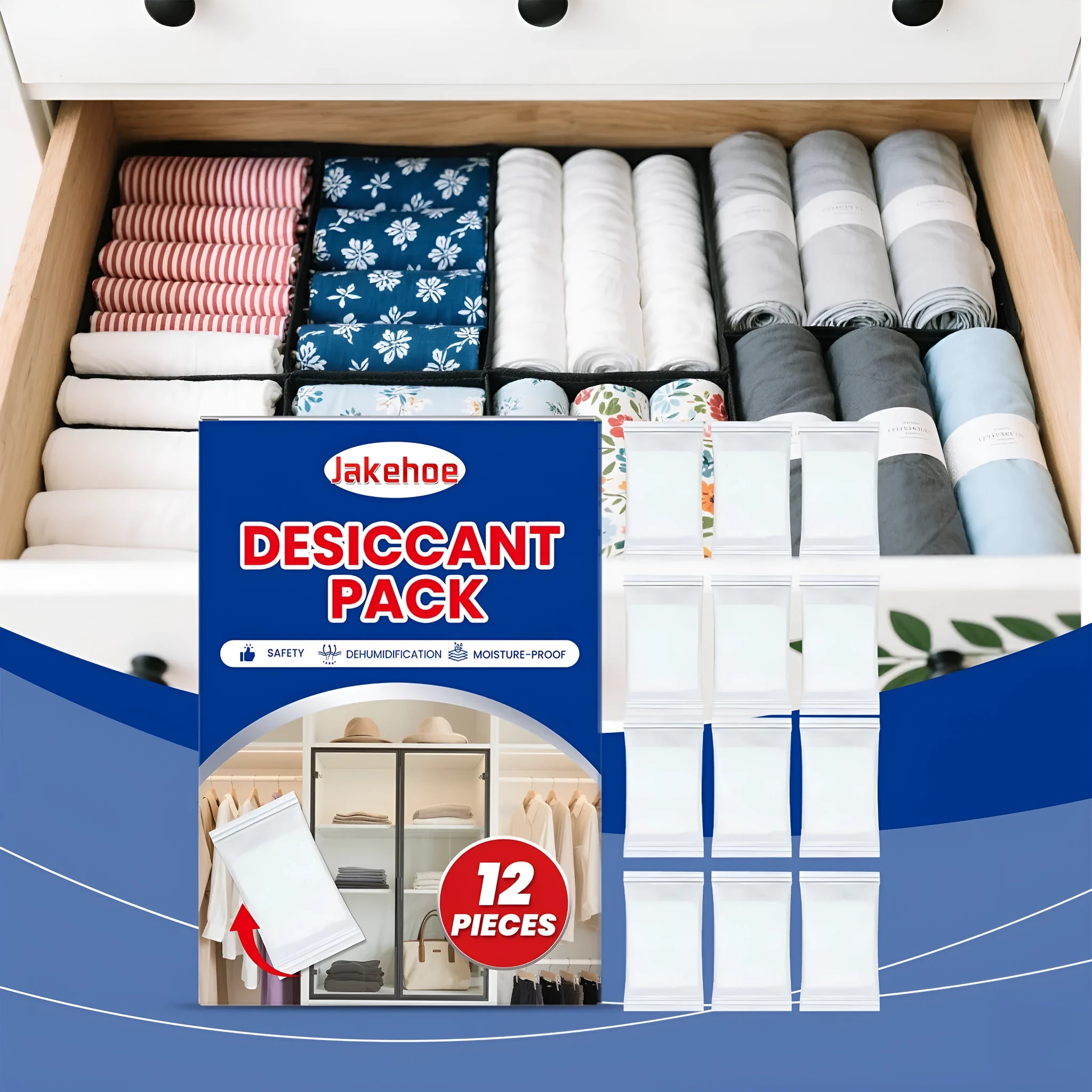 Pack of 12 anti-odor desiccants for household moisture control containing calcium chloride and wood pulp