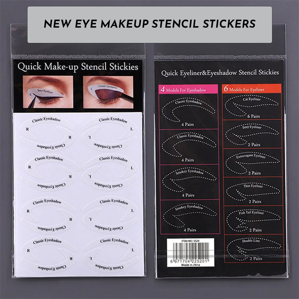 Four reusable eyeliner sticker templates for eye makeup application on pink background