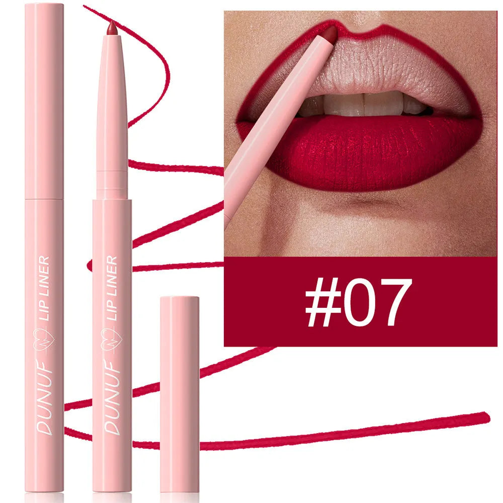 A single velvet matte lip liner pencil with 12 colour shade options shown, for precise lip definition.