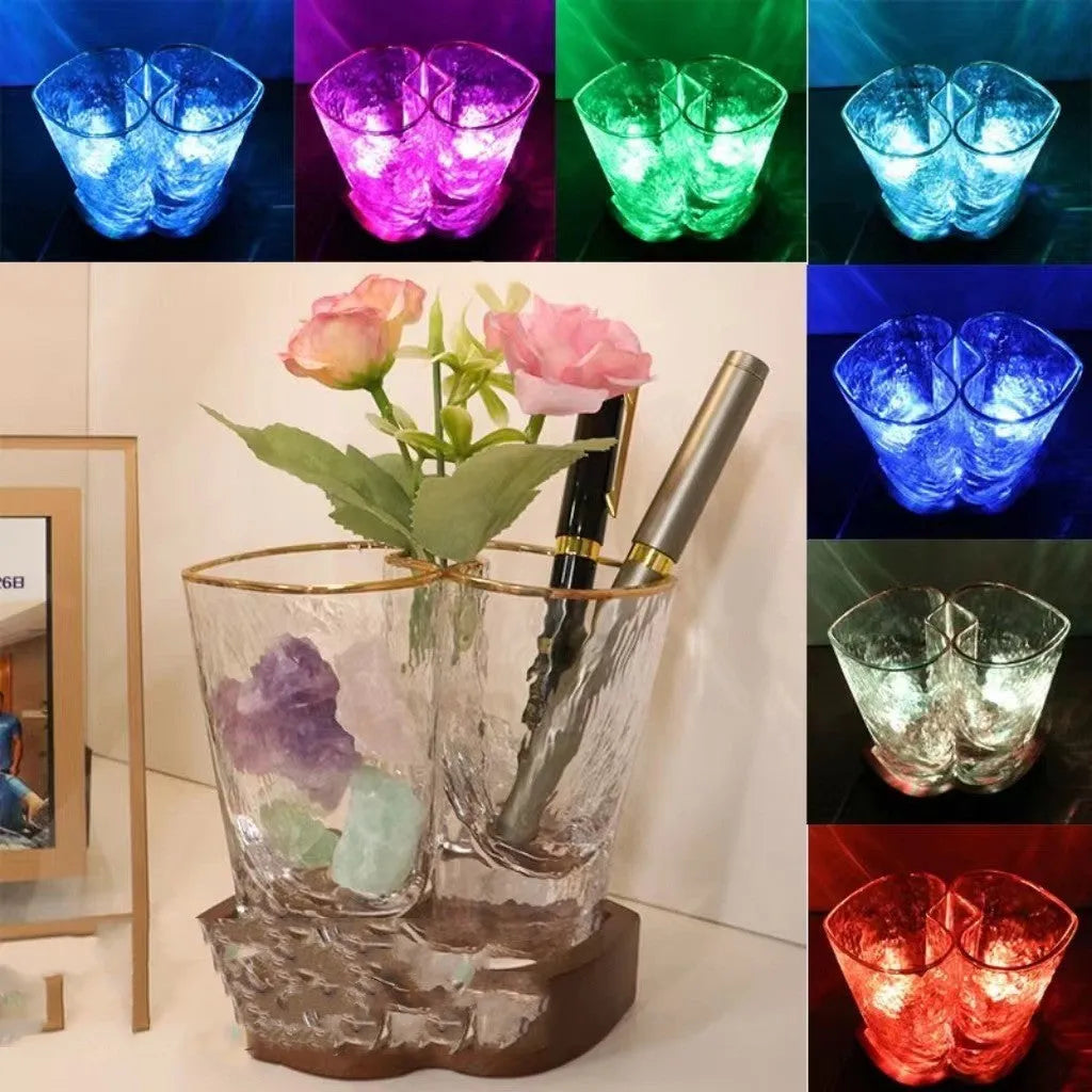Heart-to-heart transparent crystal glass night lamp on beech wood base with USB cable