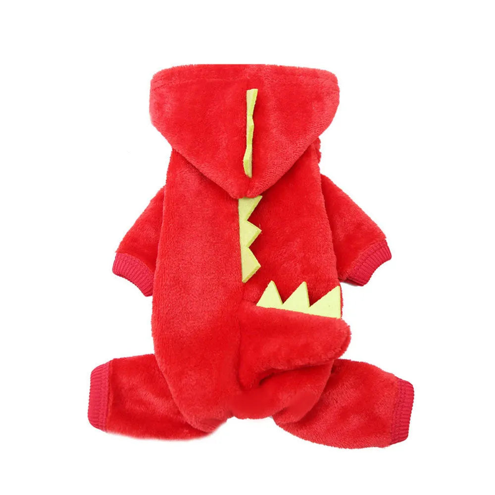 Pet dog wearing Halloween dinosaur dress up costume red colour soft fabric for small medium dogs