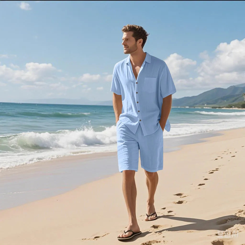 Linen and hemp blend short sleeve beach suit in light blue with matching shorts.