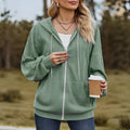 Green women's hooded zip-front sweater jacket in casual Japanese Korean style