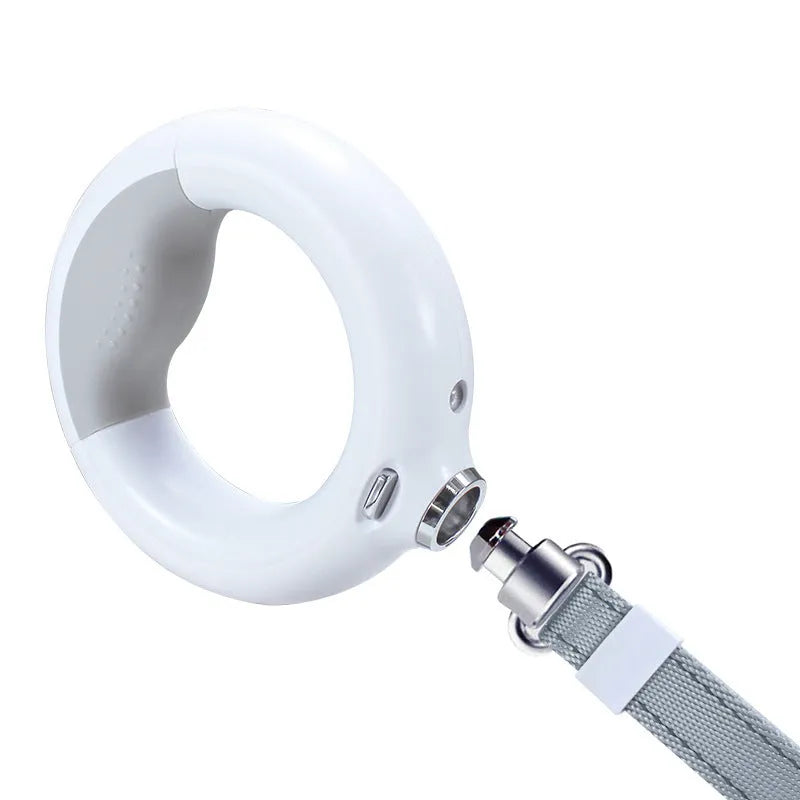 Luminous automatic telescopic dog rope with ABS housing, USB charging, pink colour option on white background