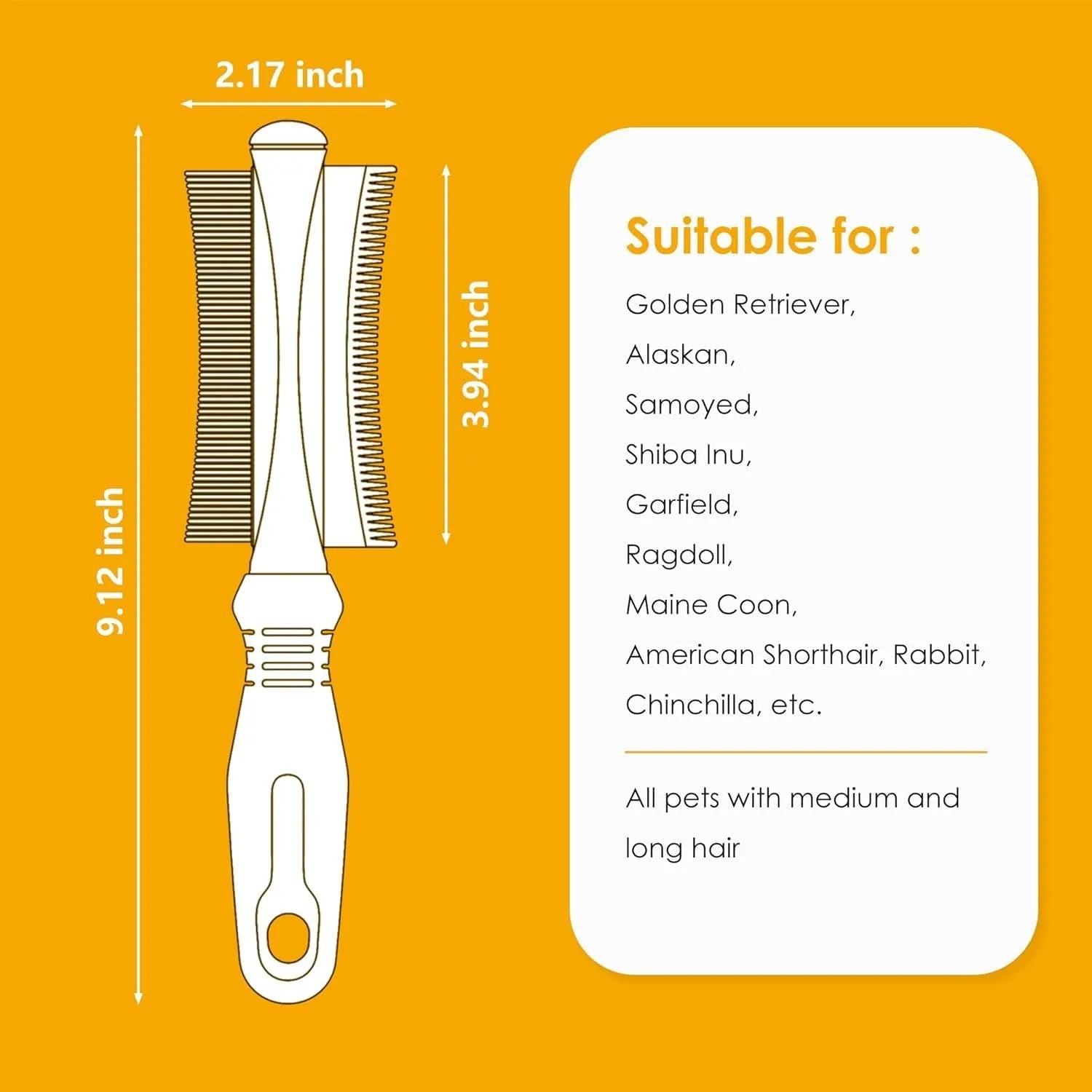 White double-sided dog and cat deshedding brush with curved comb and ergonomic anti-slip handle