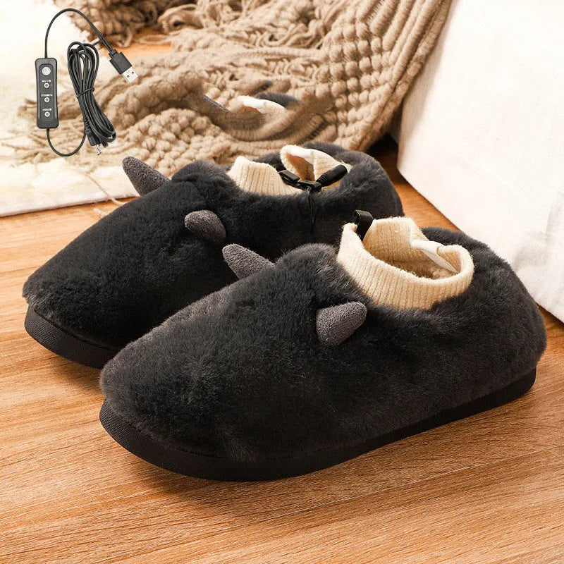 USB electric foot warmer slippers in black, grey, matcha green, and taro colours with soft velvet upper.