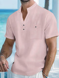 Men's short sleeve linen shirt with stand collar in loose fit, solid colour pullover style