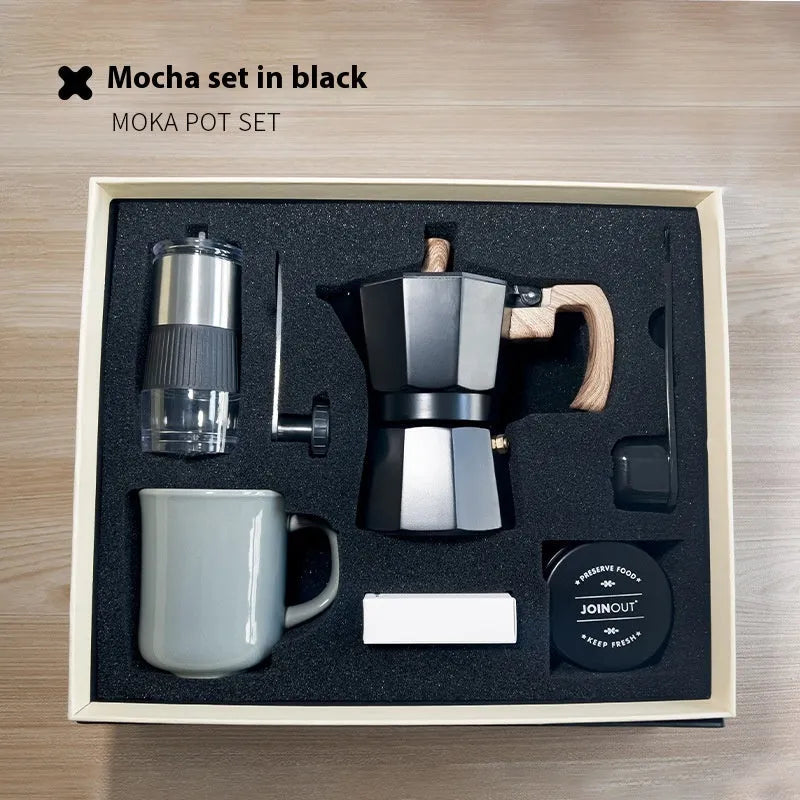 Manual grinding machine set six-piece moka pot kit in beige with grinder, cup, jar, brush, spoon and filter paper