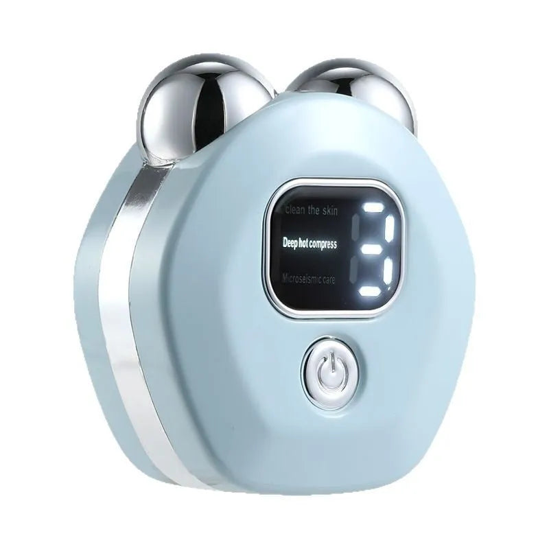 Portable white micro current facial massager with hot compress and double rollers for skin rejuvenation